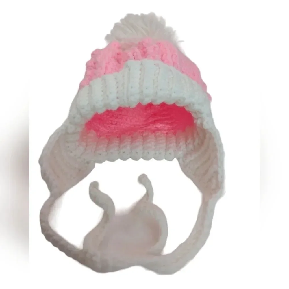 Handmade Pink and white Baby Winter Hat Pom Pom Crochet Ear flaps with ties